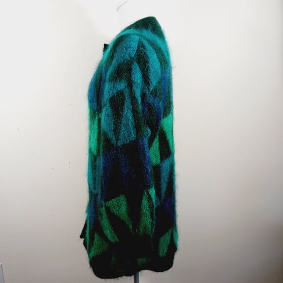 Mohair Label Irish Mohair & Wool Geo Print Cardigan, Greens & Peacock Blue ? Med - Picture 4 of 16